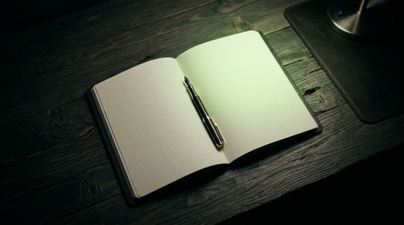Open journal with fountain pen under a soft focused lamp glow