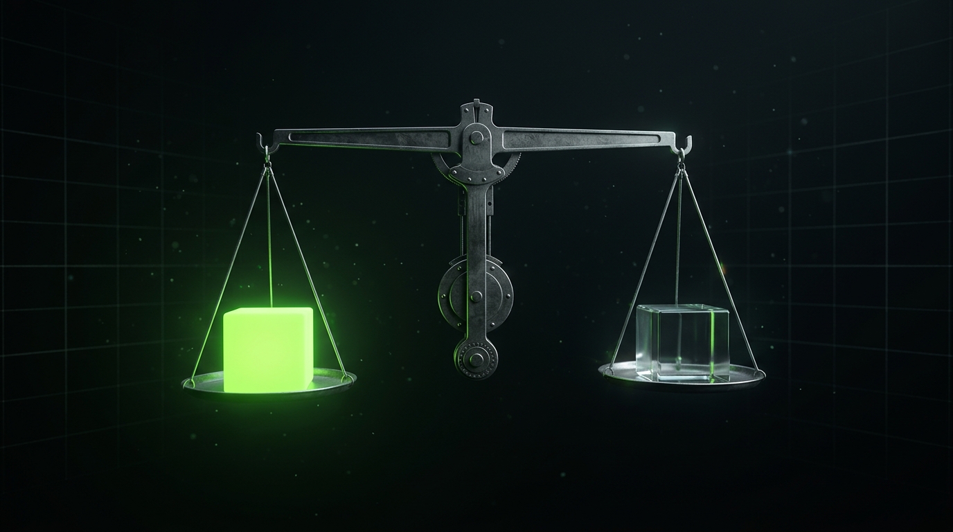 Balanced scale with glowing green and glass cubes