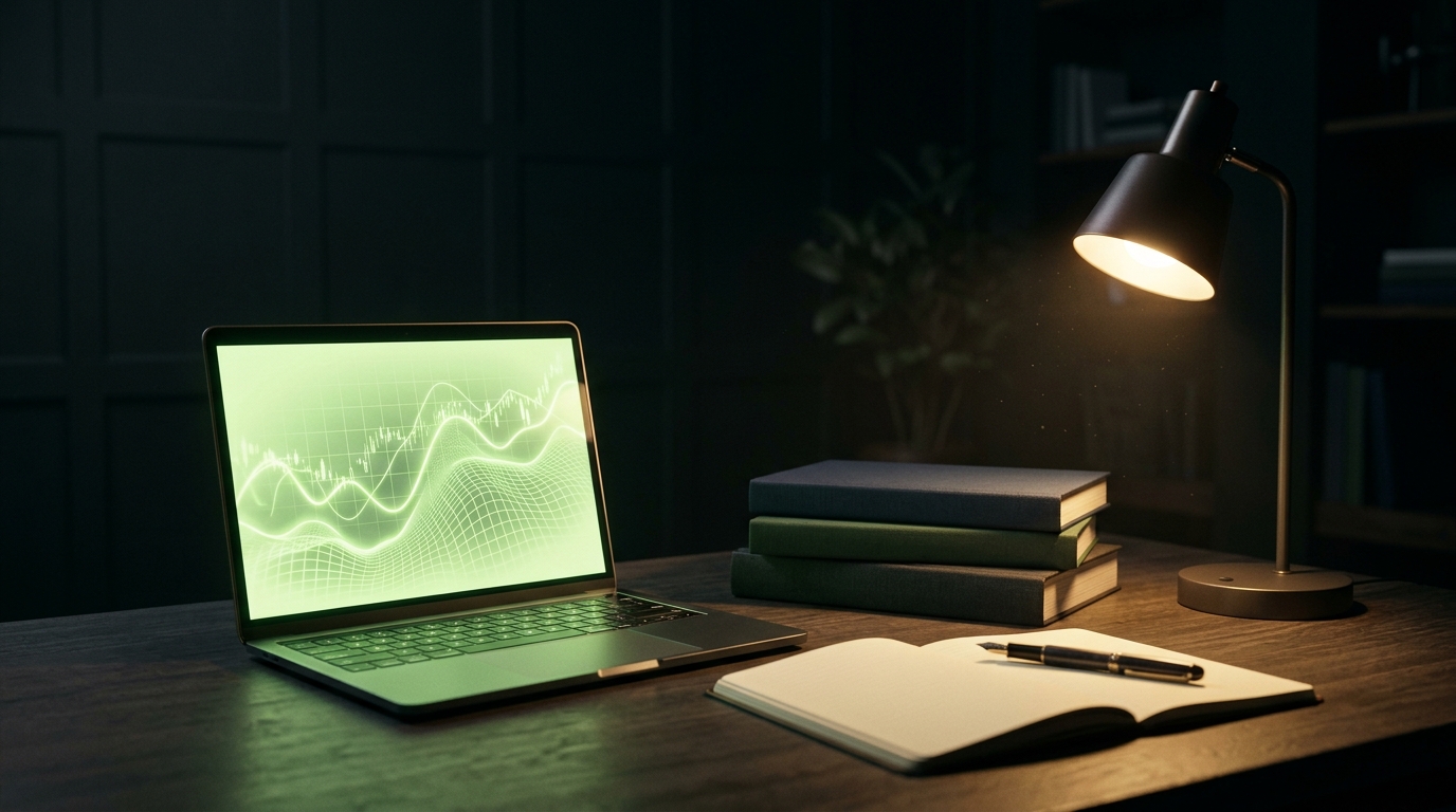 Dark study desk with laptop, books and notebook lit by soft green glow
