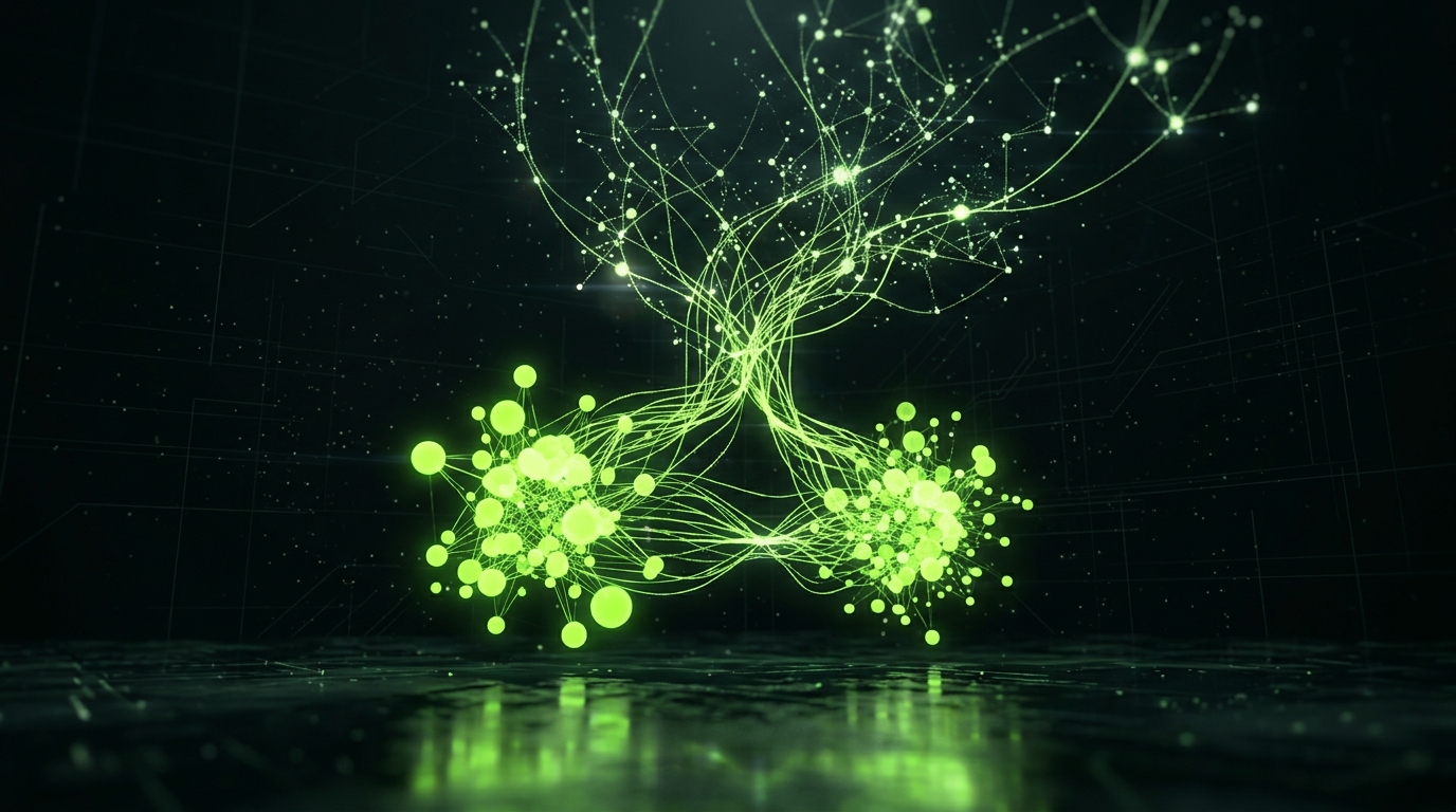 Abstract network of glowing green nodes branching outward like a growing partnership tree