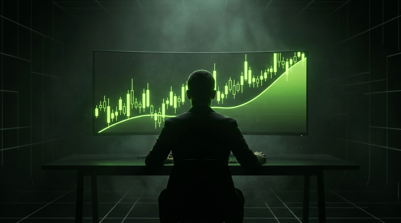 Trader silhouette facing a large glowing monitor with green candlestick charts