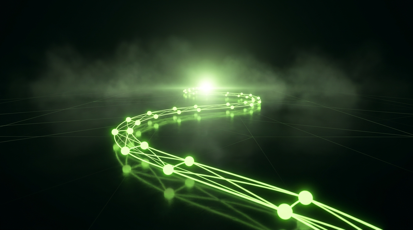 Glowing green path of connected nodes winding through darkness toward a bright destination