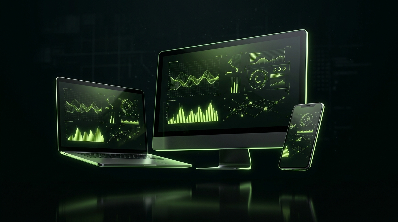 Desktop monitor, laptop and smartphone glowing with green chart interfaces in dark space