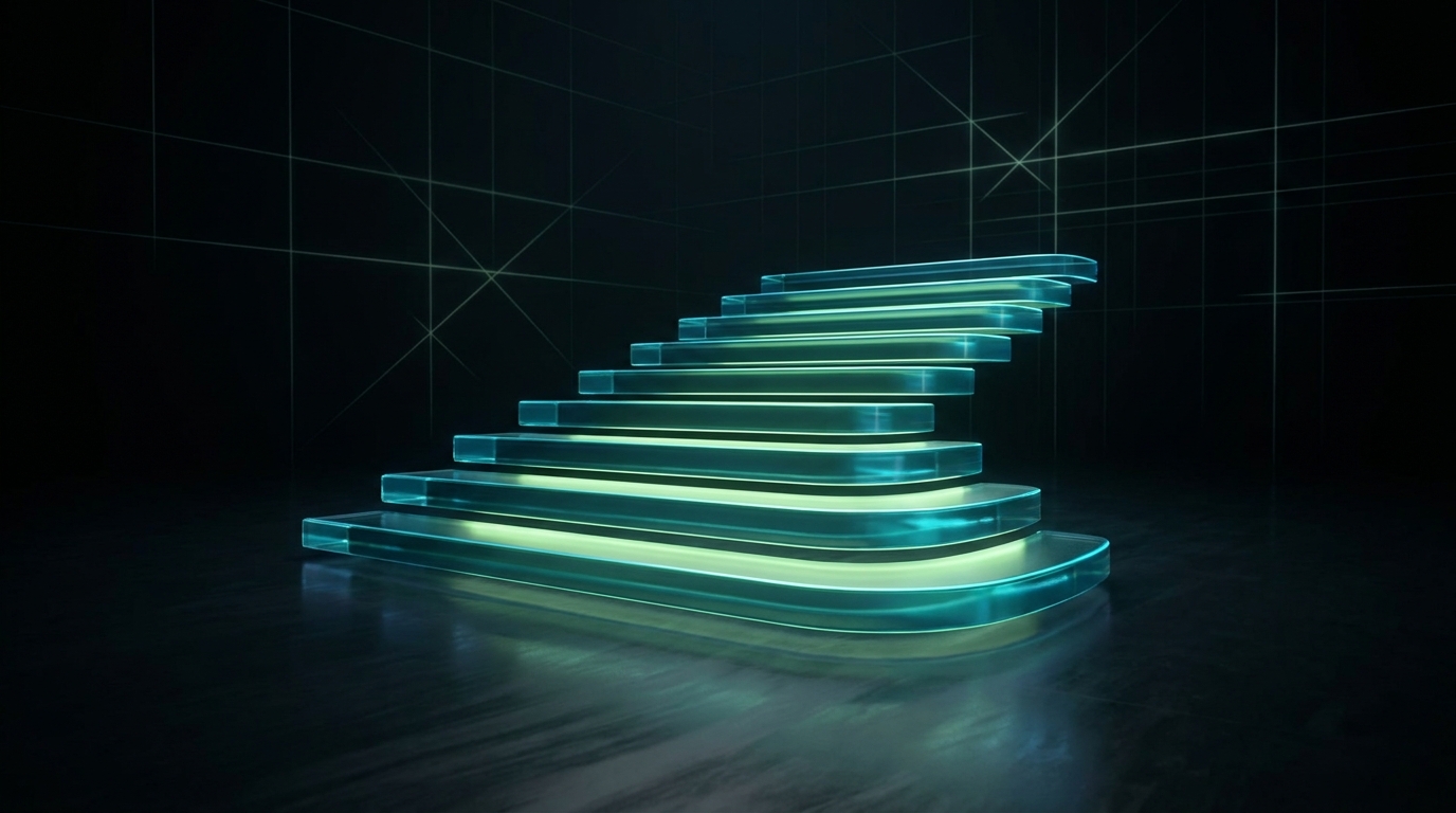 Six translucent glass steps ascending through darkness, each rimmed with glowing green light