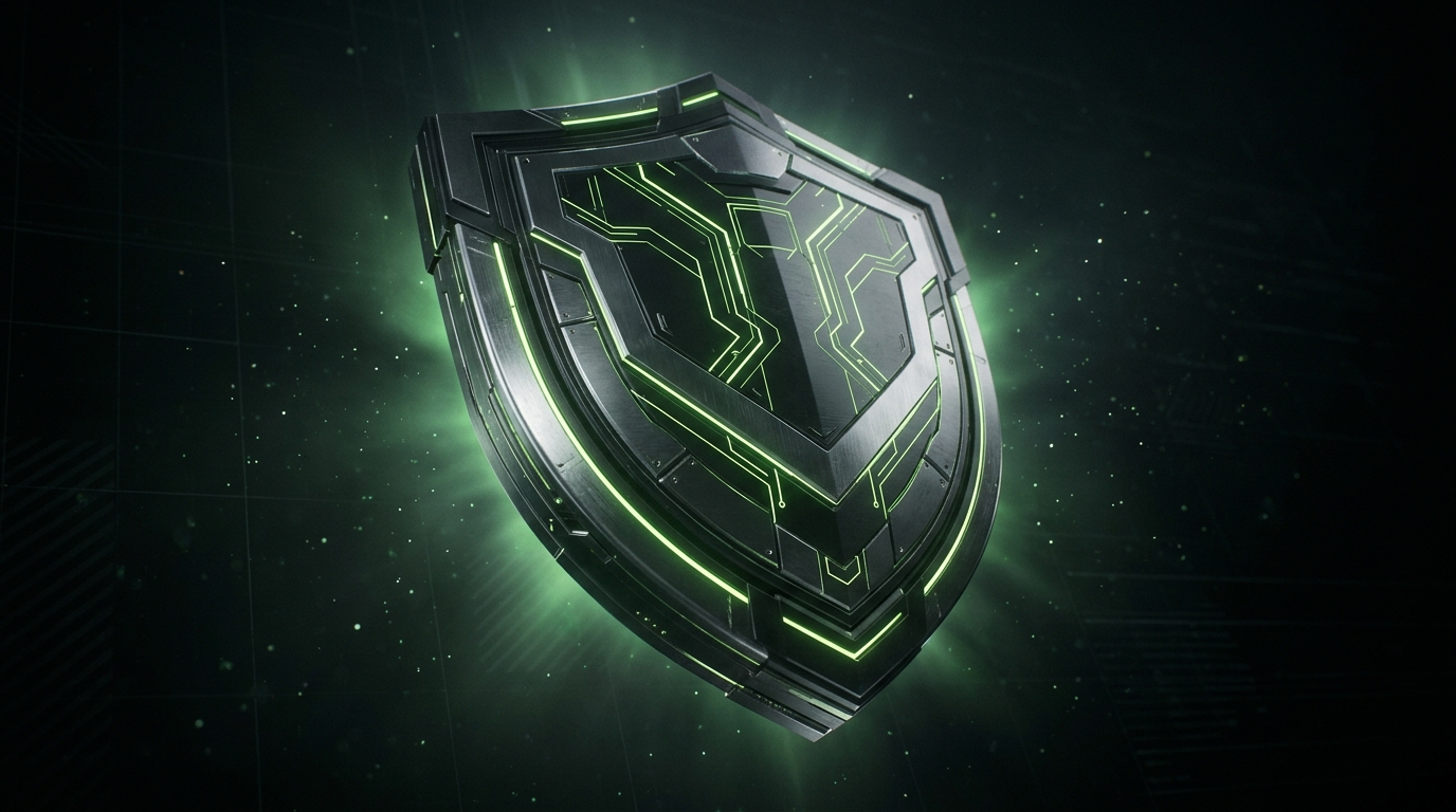 Dark metallic shield etched with glowing green geometric lines