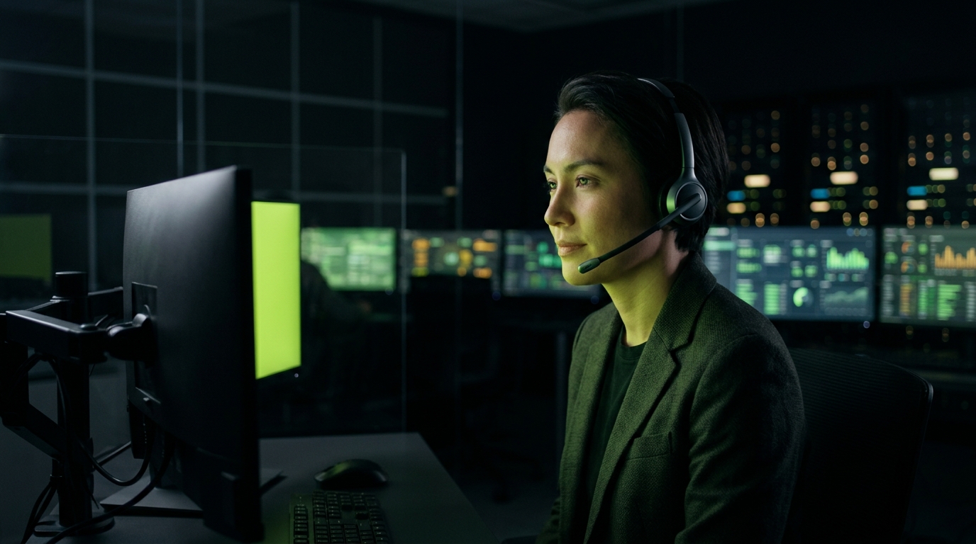 Support professional wearing a headset in a dark operations room lit by green screens