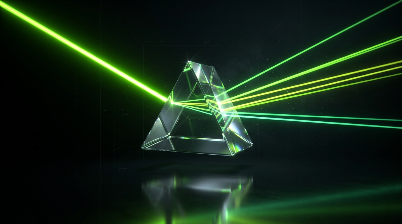 Glass prism splitting a beam of green light into clean crisp rays
