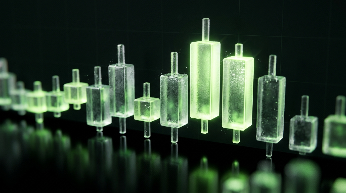 Abstract glass candlestick chart sculpture edged with glowing green light