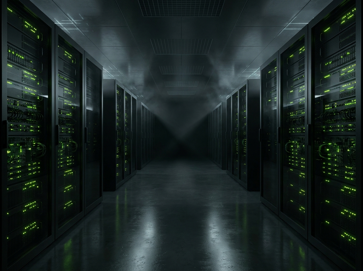 Dark server room corridor with green status lights