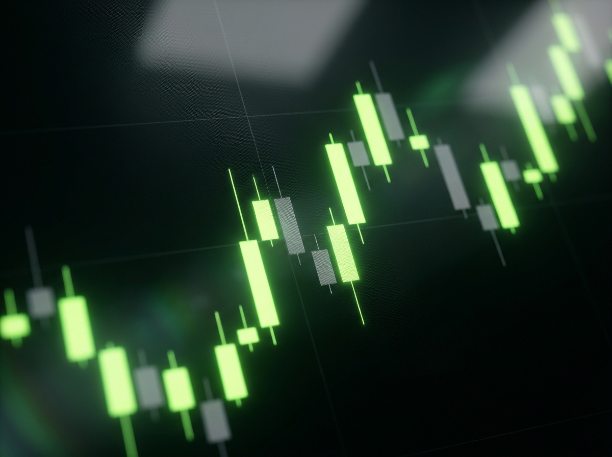 Macro view of glowing candlestick charts on a dark trading screen