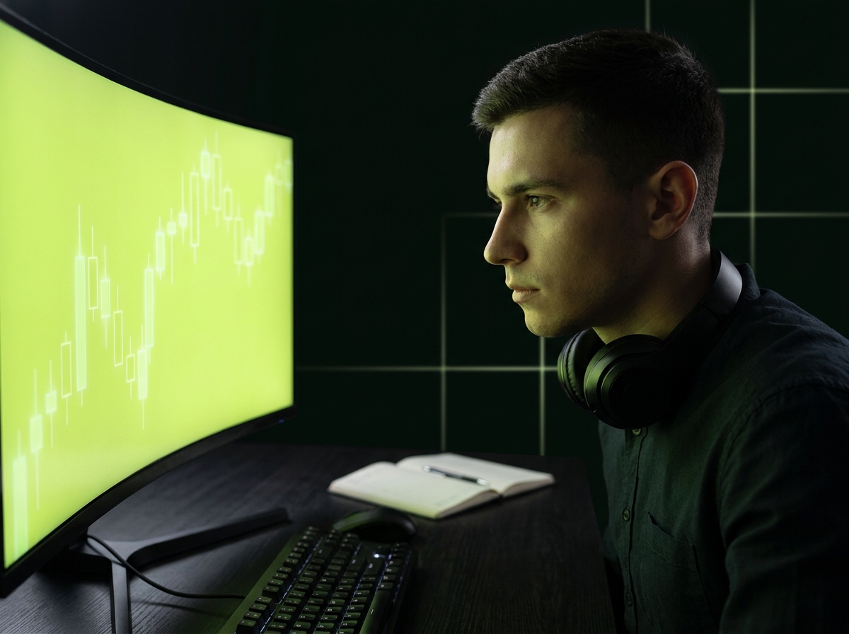Focused young trader lit by the glow of a trading monitor