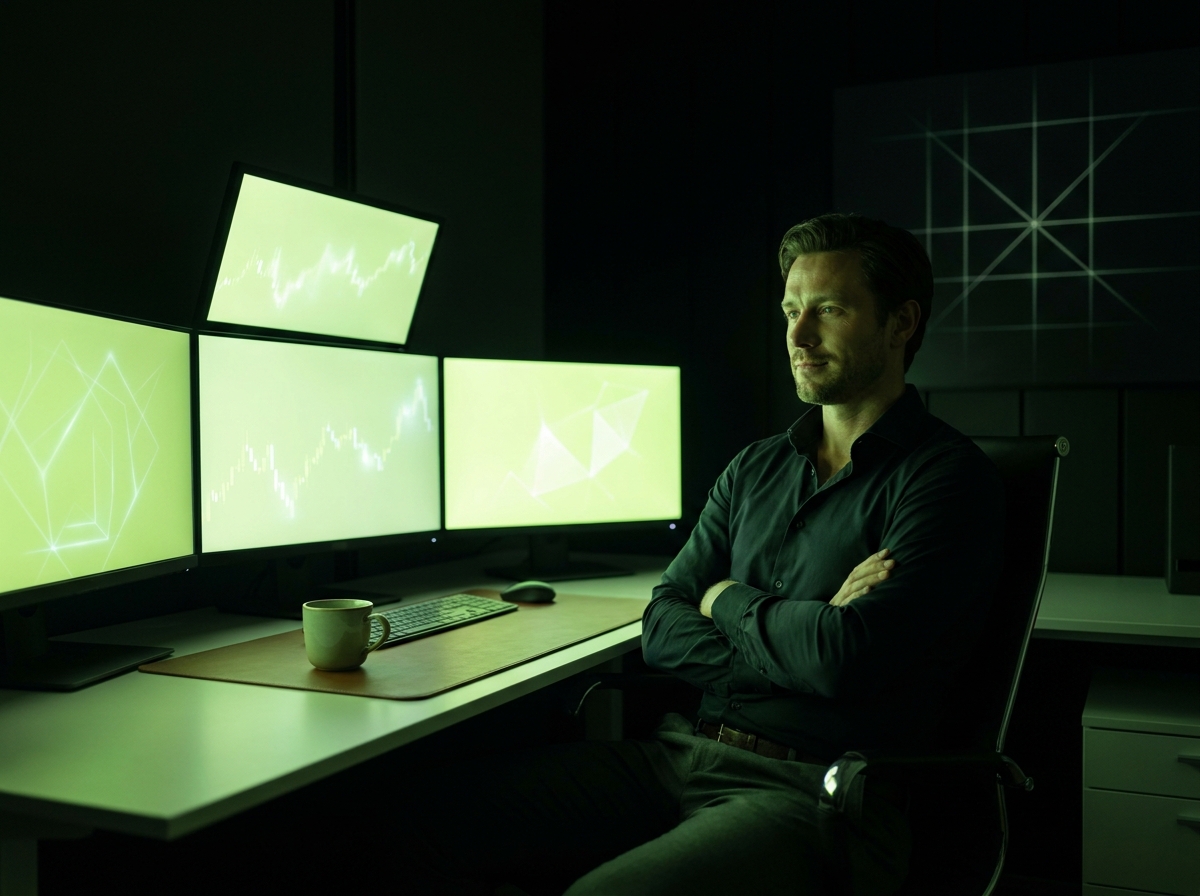 Confident trader at a clean multi-monitor trading desk