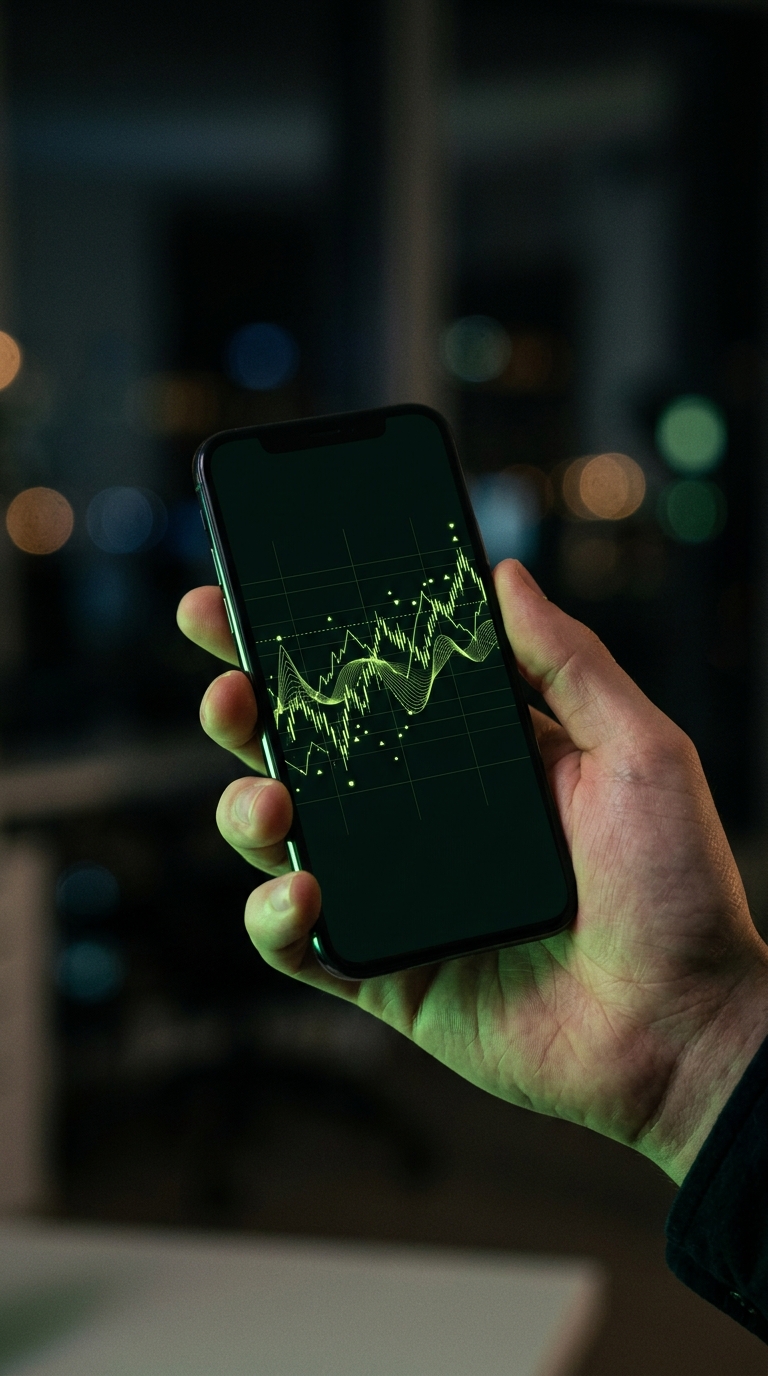Hand holding a smartphone glowing with a minimal green trading chart