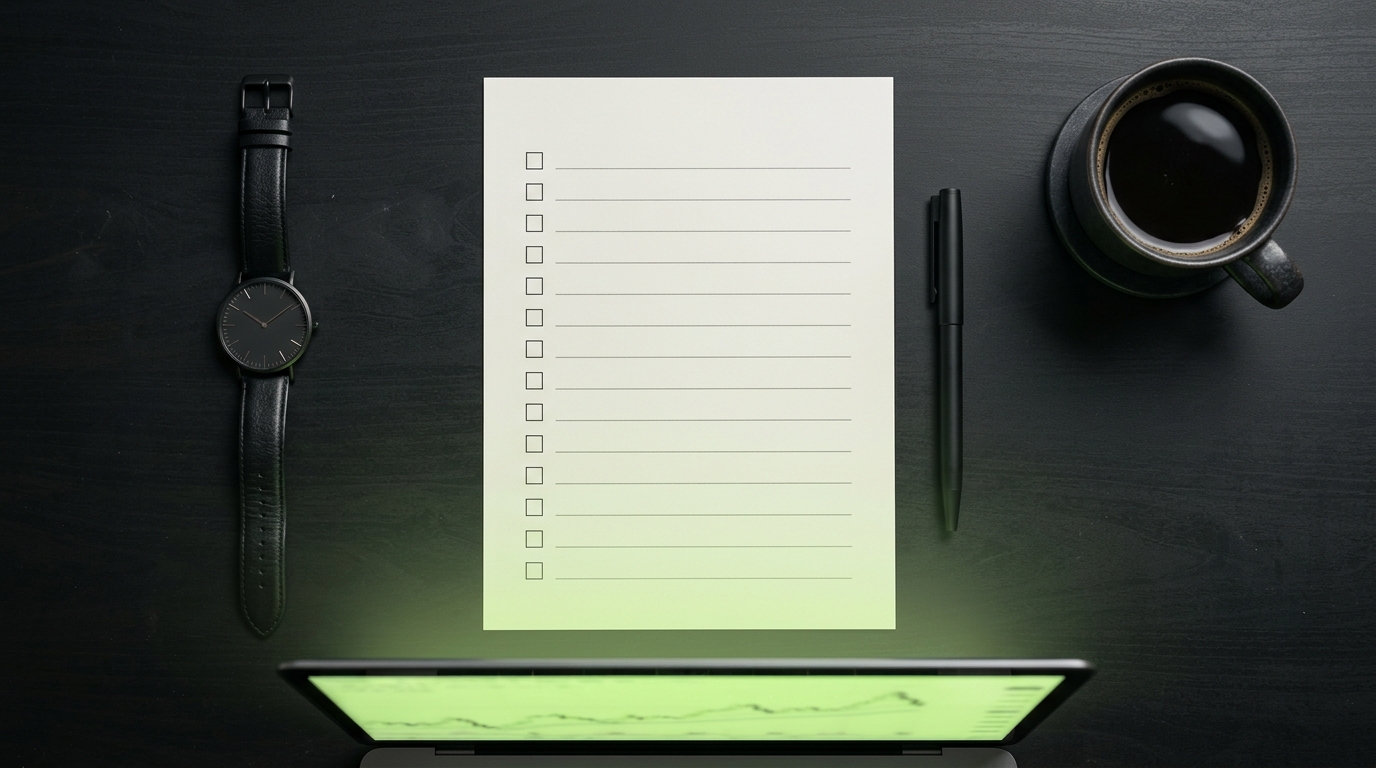 Flat-lay of watch, coffee, checklist and laptop in a disciplined grid