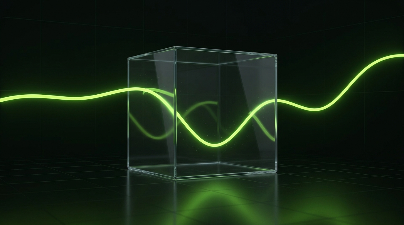 Glowing chart line dipping inside a glass boundary box