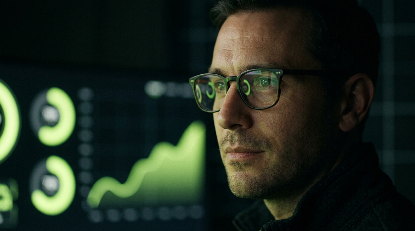 Trader lit by the green glow of a live progress dashboard