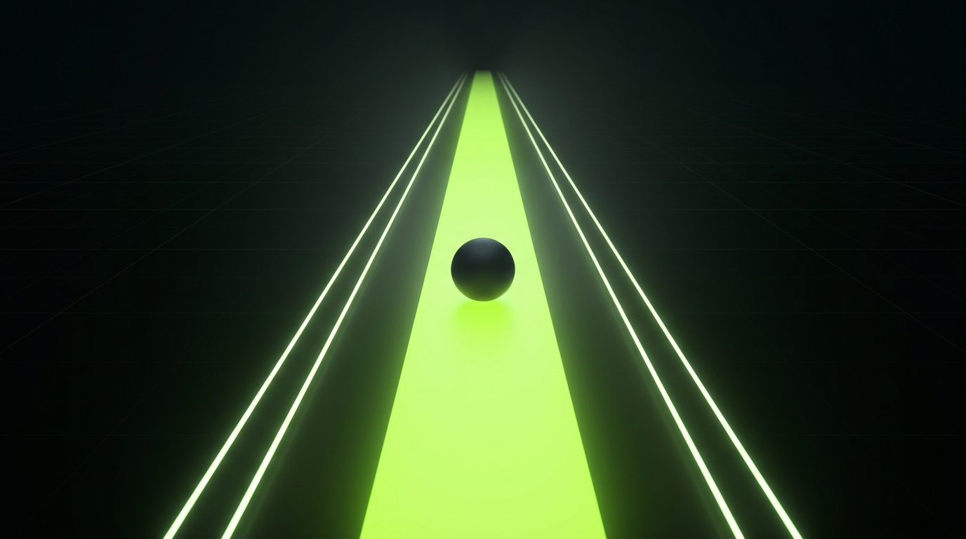 Glowing lane with boundary lines and a sphere rolling along its centre