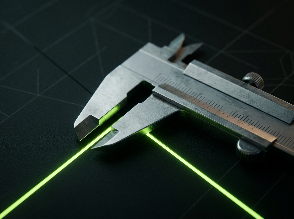 Precision caliper measuring a glowing line on a dark surface