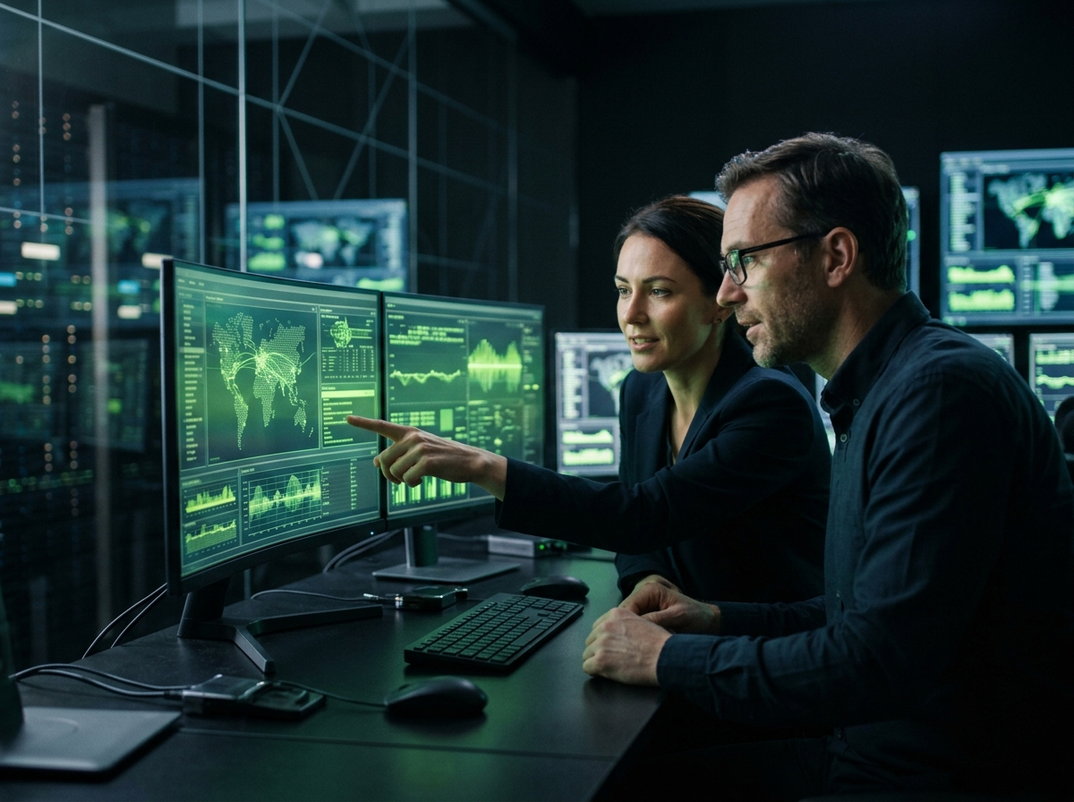 Two professionals collaborating over glowing monitors in a dark office